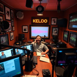 A radio studio filled with various recording equipment, microphones, soundproof walls, and glowing sound meters