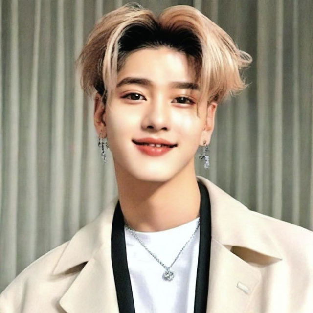 A distinct and elegant portrait of Seonghwa from the South Korean boy group, Ateez. He should be seen with styled dark hair, and a friendly, approachable smile. Minimalistic background to accentuate his features.