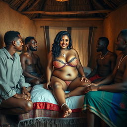 A vibrant scene featuring a plump Indian woman in tasteful underwear, confidently sitting on a bed inside a traditional African hut