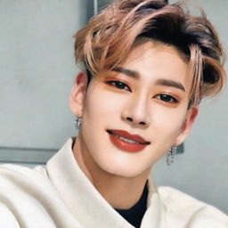 A distinct and elegant portrait of Seonghwa from the South Korean boy group, Ateez. He should be seen with styled dark hair, and a friendly, approachable smile. Minimalistic background to accentuate his features.