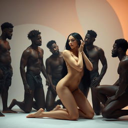 An artistic and sensual scene featuring a white woman with long black hair, gracefully kneeling in a captivating pose that exhibits both allure and strength