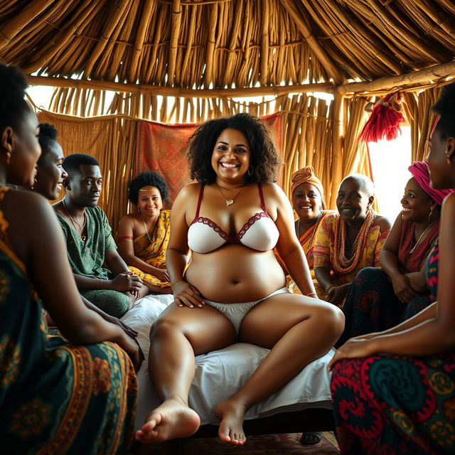 A vibrant scene featuring a plump Indian woman in stylish underwear, sitting comfortably on a bed inside a traditional African hut