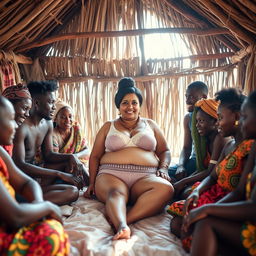 A vibrant scene featuring a plump Indian woman in stylish underwear, sitting comfortably on a bed inside a traditional African hut