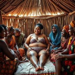 A vibrant scene featuring a plump Indian woman in stylish underwear, sitting comfortably on a bed inside a traditional African hut