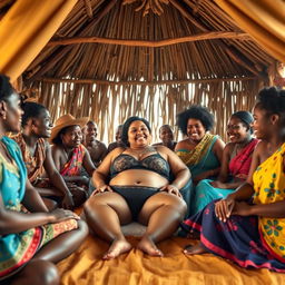 A vibrant scene featuring a plump Indian woman in stylish underwear, sitting comfortably on a bed inside a traditional African hut