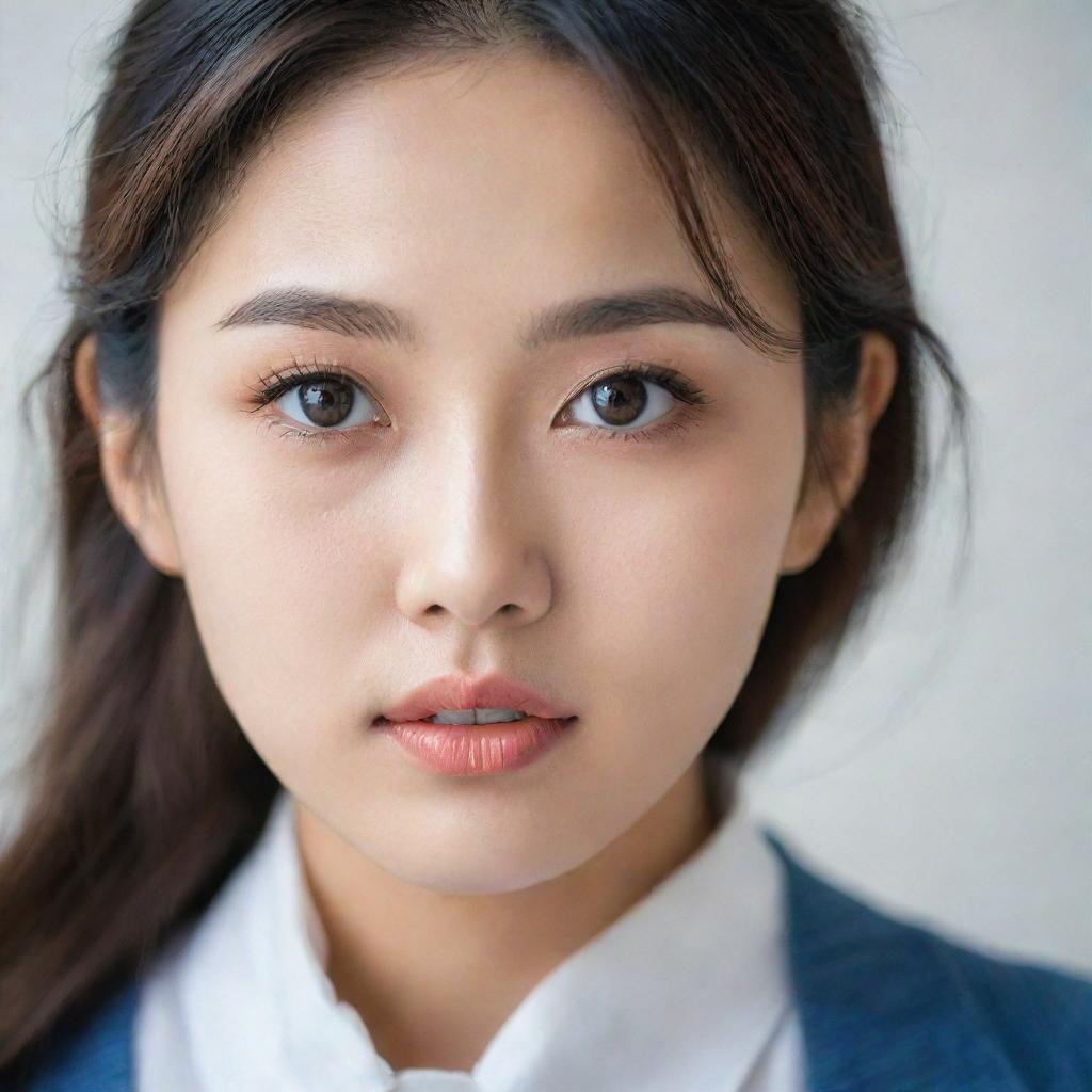 A portrait of a beautiful Korean girl with expressive eyes and delicate features, dressed in trendy fashion.