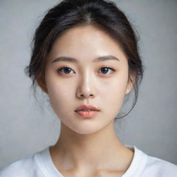 A portrait of a beautiful Korean girl with expressive eyes and delicate features, dressed in trendy fashion.