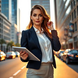 An elegant portrait of a confident businesswoman, wearing a tailored navy blazer and a crisp white blouse, standing on a bustling city street during golden hour