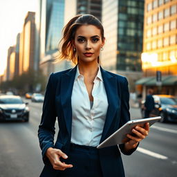 An elegant portrait of a confident businesswoman, wearing a tailored navy blazer and a crisp white blouse, standing on a bustling city street during golden hour