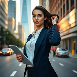 An elegant portrait of a confident businesswoman, wearing a tailored navy blazer and a crisp white blouse, standing on a bustling city street during golden hour