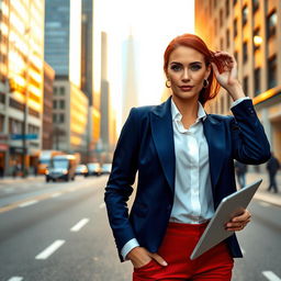 An elegant portrait of a confident businesswoman, wearing a tailored navy blazer and a crisp white blouse, standing on a bustling city street during golden hour