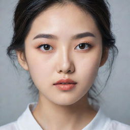 A portrait of a beautiful Korean girl with expressive eyes and delicate features, dressed in trendy fashion.