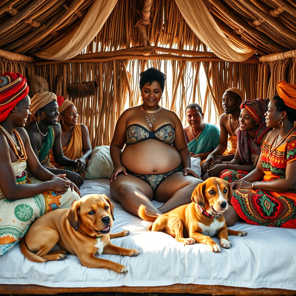 A lively scene depicting a plump Indian woman in stylish underwear, sitting comfortably on a bed inside a traditional African hut