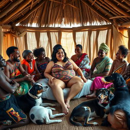 A lively scene depicting a plump Indian woman in stylish underwear, sitting comfortably on a bed inside a traditional African hut