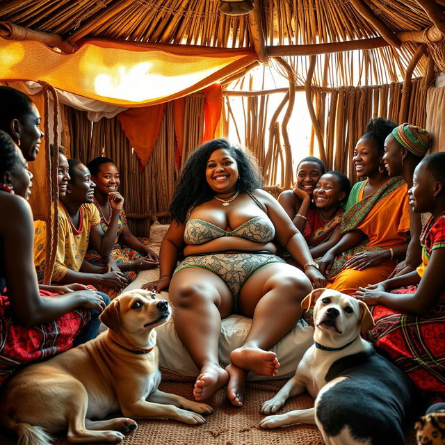 A lively scene depicting a plump Indian woman in stylish underwear, sitting comfortably on a bed inside a traditional African hut