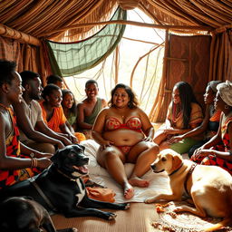 A lively scene depicting a plump Indian woman in stylish underwear, sitting comfortably on a bed inside a traditional African hut