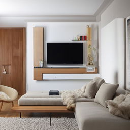 A 12x20 feet living room layout containing a modern TV unit on the shorter side wall, and inviting couches placed along the longer side. The design offers a neat arrangement, embodying comfort and contemporary style.