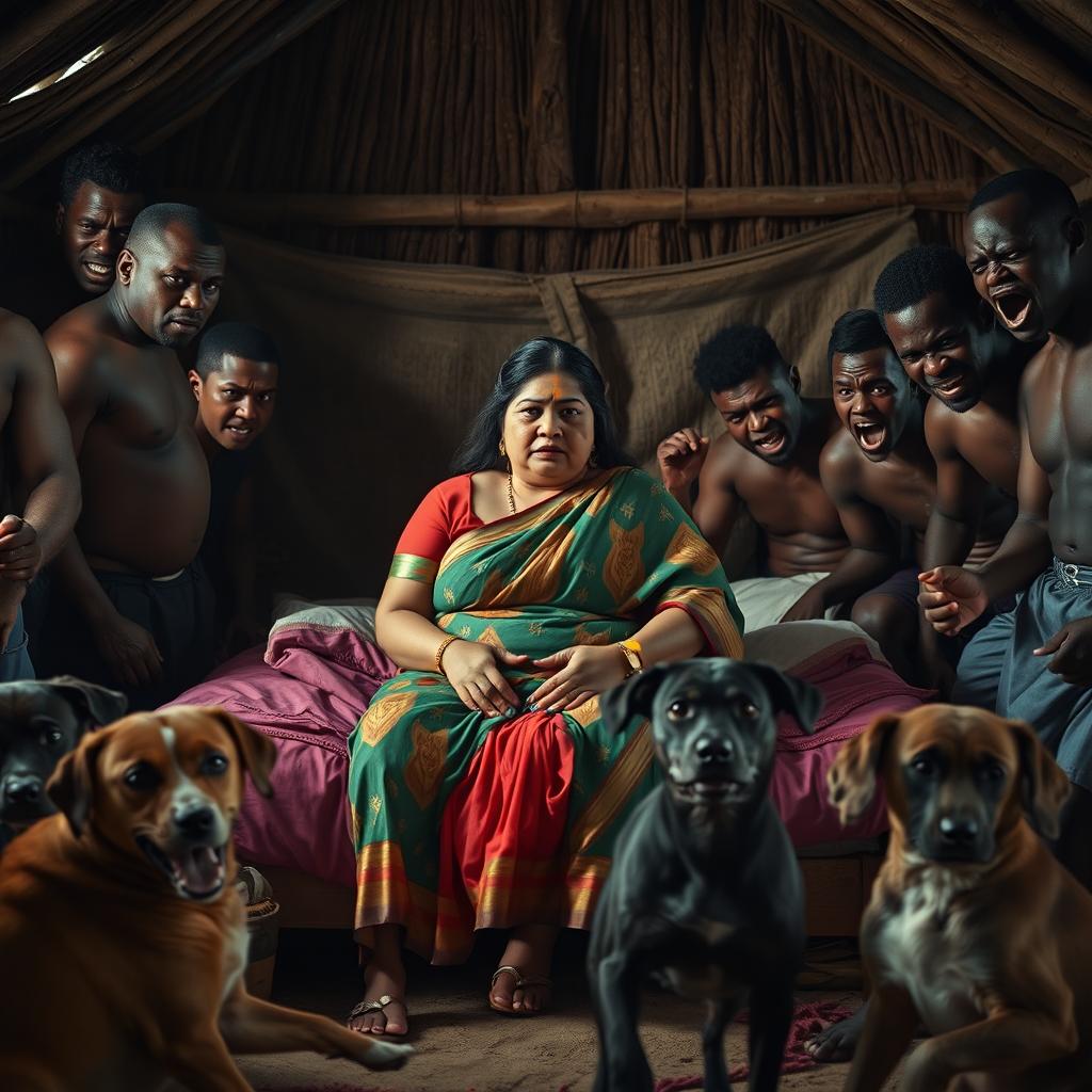 A dramatic scene depicting a scared plump Indian woman in a colorful saree, sitting apprehensively on a bed inside a traditional African hut