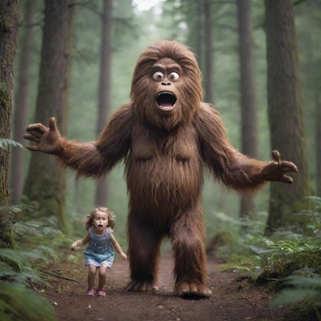 Dramatic scene for a Youtube thumbnail with a small girl appearing surprised as an exaggerated, cartoonish Bigfoot character sneaks up from behind her in a forest setting.