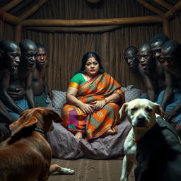 A dramatic scene depicting a scared plump Indian woman in a colorful saree, sitting apprehensively on a bed inside a traditional African hut