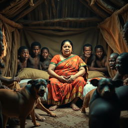 A dramatic scene depicting a scared plump Indian woman in a colorful saree, sitting apprehensively on a bed inside a traditional African hut