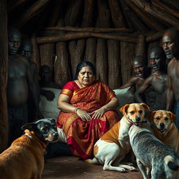 A dramatic scene depicting a scared plump Indian woman in a colorful saree, sitting apprehensively on a bed inside a traditional African hut