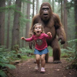 Dramatic scene for a Youtube thumbnail with a small girl appearing surprised as an exaggerated, cartoonish Bigfoot character sneaks up from behind her in a forest setting.