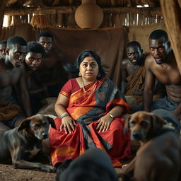 A tense and dramatic scene showing a scared plump young Indian woman in a beautifully colored saree, sitting apprehensively on a bed inside a traditional African hut