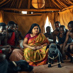 A tense and dramatic scene showing a scared plump young Indian woman in a beautifully colored saree, sitting apprehensively on a bed inside a traditional African hut