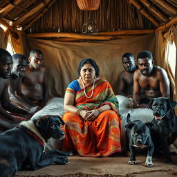 A tense and dramatic scene showing a scared plump young Indian woman in a beautifully colored saree, sitting apprehensively on a bed inside a traditional African hut