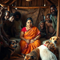 A tense and dramatic scene showing a scared plump young Indian woman in a beautifully colored saree, sitting apprehensively on a bed inside a traditional African hut