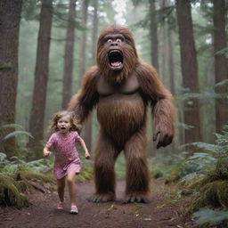 Dramatic scene for a Youtube thumbnail with a small girl appearing surprised as an exaggerated, cartoonish Bigfoot character sneaks up from behind her in a forest setting.