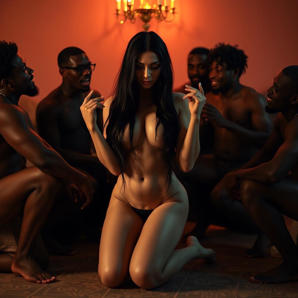 An artistic interpretation featuring a fully naked white hotwife with long black hair, playfully kneeling in a teasing pose