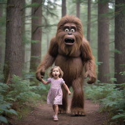 Dramatic scene for a Youtube thumbnail with a small girl appearing surprised as an exaggerated, cartoonish Bigfoot character sneaks up from behind her in a forest setting.