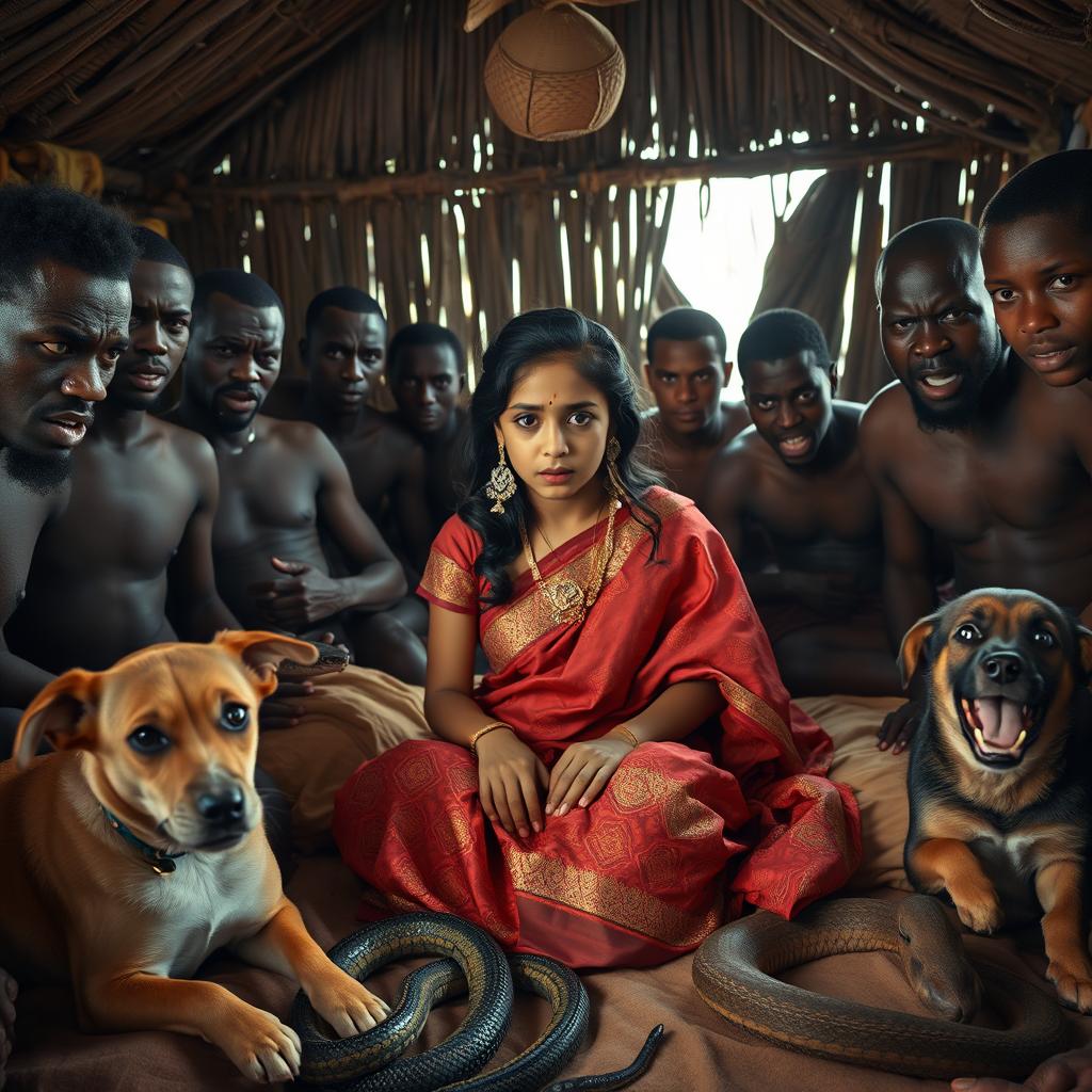 A tense and dramatic scene featuring a scared young Indian woman in a beautifully detailed saree, sitting apprehensively on a bed inside a traditional African hut