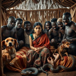 A tense and dramatic scene featuring a scared young Indian woman in a beautifully detailed saree, sitting apprehensively on a bed inside a traditional African hut