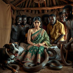 A tense and dramatic scene featuring a scared young Indian woman in a beautifully detailed saree, sitting apprehensively on a bed inside a traditional African hut