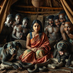 A tense and dramatic scene featuring a scared young Indian woman in a beautifully detailed saree, sitting apprehensively on a bed inside a traditional African hut