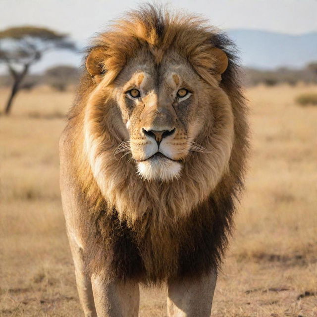 A majestic lion, with a full golden mane sparkling under the African sun, standing with intense gaze amid savannah grassland.