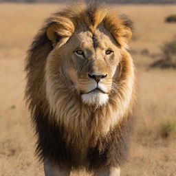 A majestic lion, with a full golden mane sparkling under the African sun, standing with intense gaze amid savannah grassland.