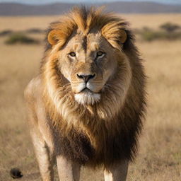 A majestic lion, with a full golden mane sparkling under the African sun, standing with intense gaze amid savannah grassland.