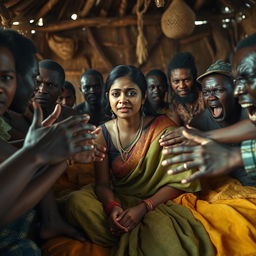 A poignant scene featuring a crying young Indian woman in a vibrant saree, sitting on a bed inside a traditional African hut