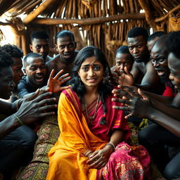 A poignant scene featuring a crying young Indian woman in a vibrant saree, sitting on a bed inside a traditional African hut