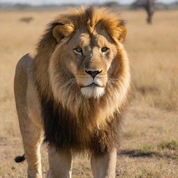 A majestic lion, with a full golden mane sparkling under the African sun, standing with intense gaze amid savannah grassland.