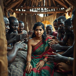 A poignant scene featuring a crying young Indian woman in a vibrant saree, sitting on a bed inside a traditional African hut