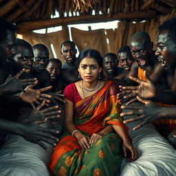 A poignant scene featuring a crying young Indian woman in a vibrant saree, sitting on a bed inside a traditional African hut