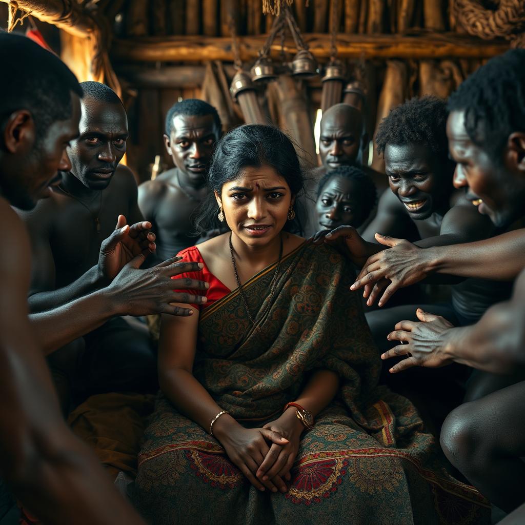 An emotionally charged scene featuring an exhausted crying young Indian woman in a richly patterned saree, sitting despondently on a bed inside a traditional African hut