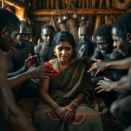 An emotionally charged scene featuring an exhausted crying young Indian woman in a richly patterned saree, sitting despondently on a bed inside a traditional African hut