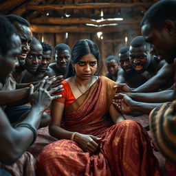 An emotionally charged scene featuring an exhausted crying young Indian woman in a richly patterned saree, sitting despondently on a bed inside a traditional African hut