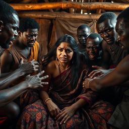 An emotionally charged scene featuring an exhausted crying young Indian woman in a richly patterned saree, sitting despondently on a bed inside a traditional African hut